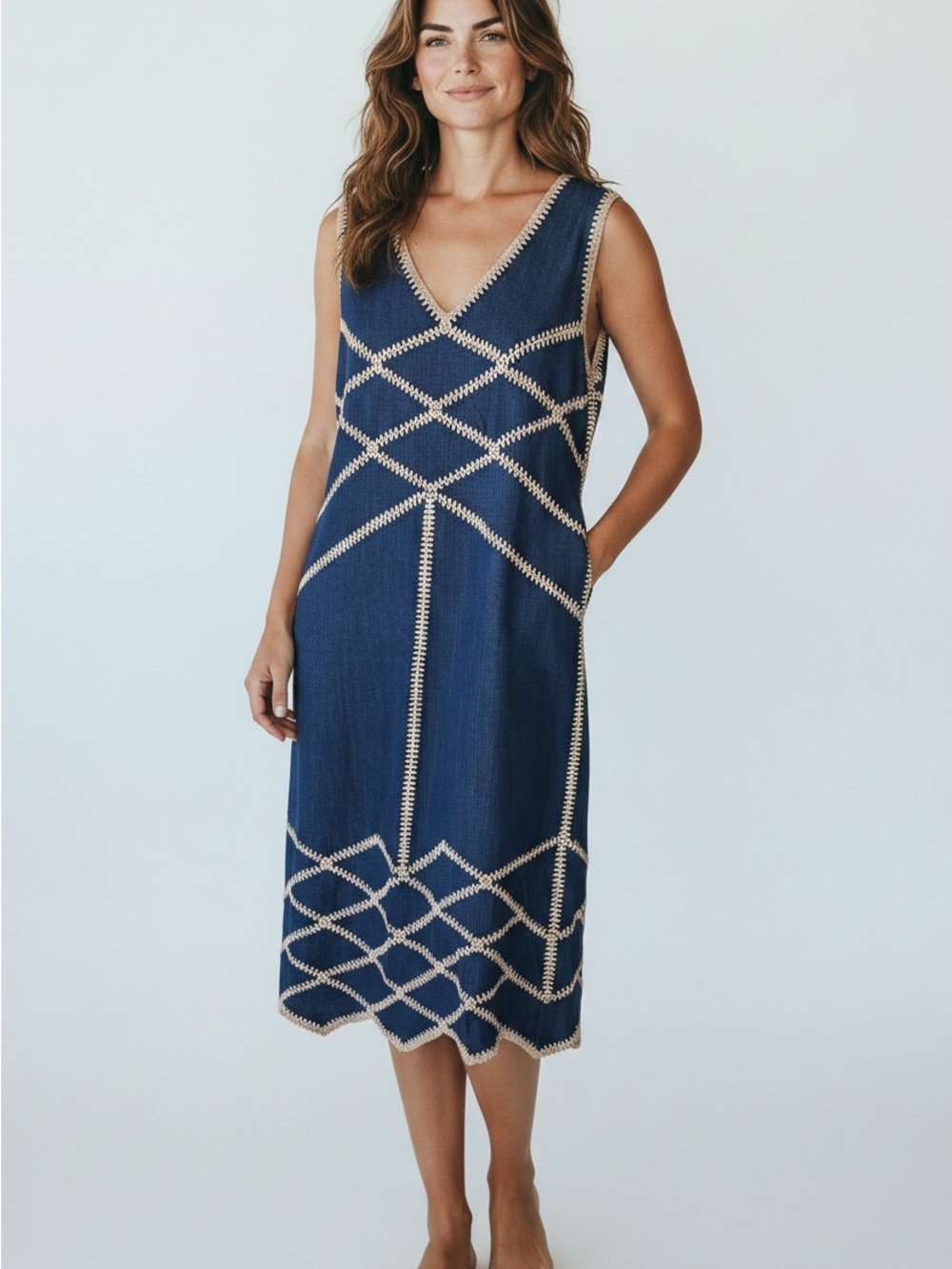 Navy Crochet-Trim‎ V-Neck Midi Dress
